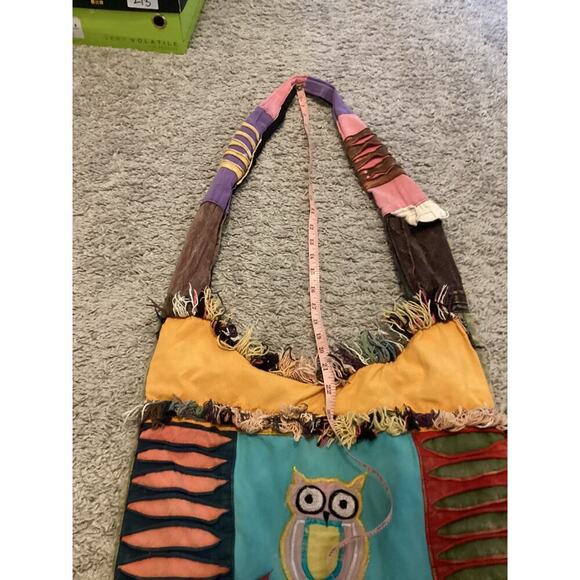 Fabric Owl Hobo Bag Cotton Blue Brown Hippie Bohemian Indie Emo Crow Patchwork - Picture 10 of 12